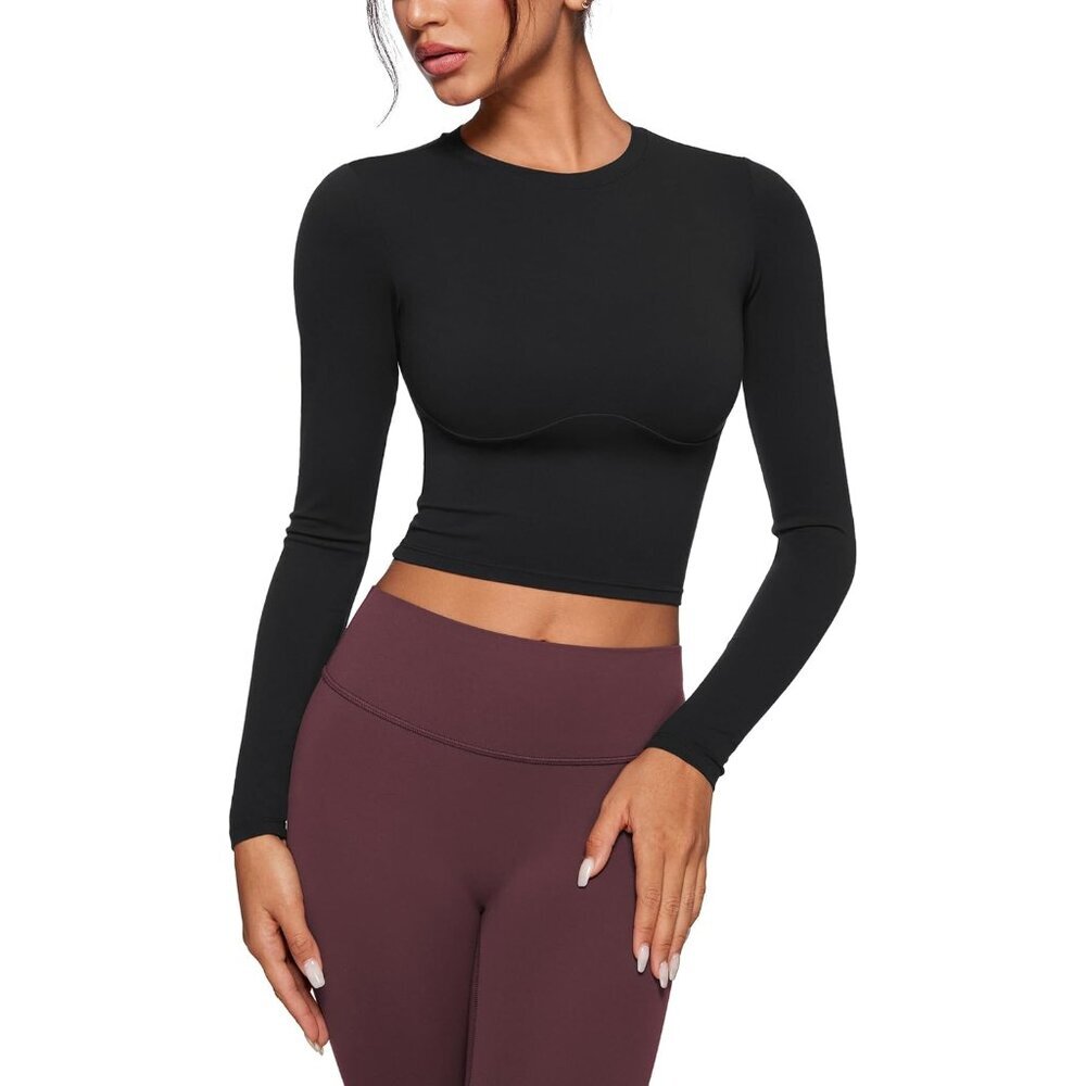 Womens Long Sleeve Crop Yoga Top Slim Fit Workout Casual Gym Shirt